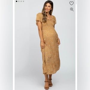 PinkBlush Mustard Floral Smocked Maternity Maxi Dress Size Small